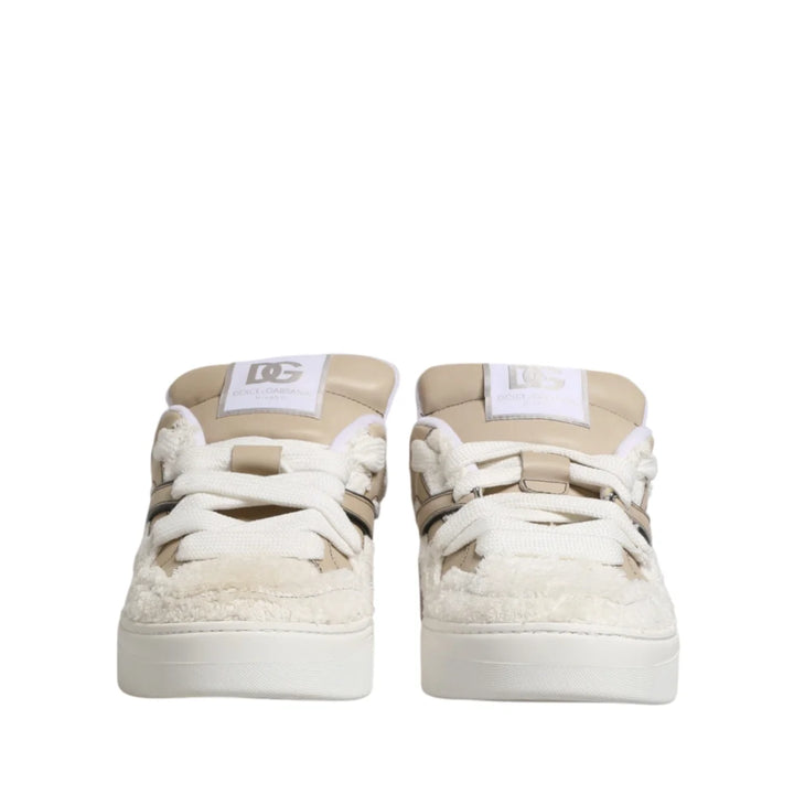 Dolce &amp; Gabbana White Beige Faux Shearling Low Top Sneakers Shoes