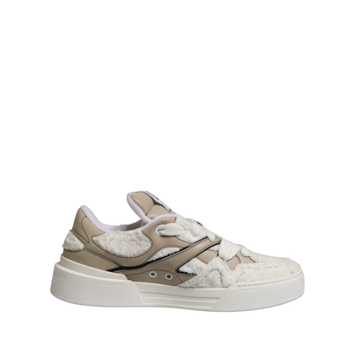 Dolce &amp; Gabbana White Beige Faux Shearling Low Top Sneakers Shoes