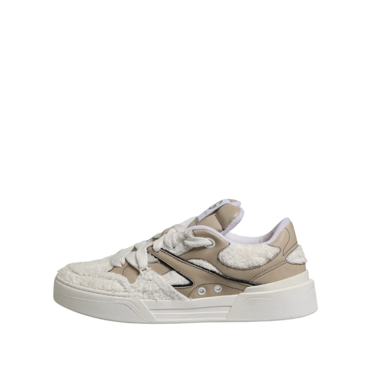 Dolce &amp; Gabbana White Beige Faux Shearling Low Top Sneakers Shoes