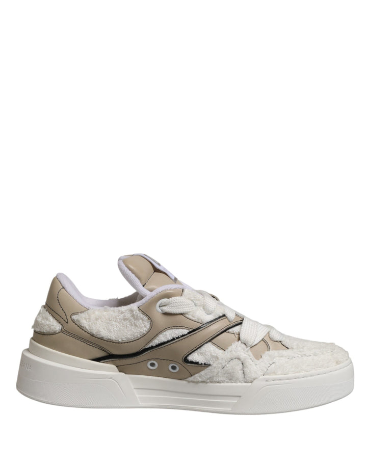 Dolce &amp; Gabbana White Beige Faux Shearling Low Top Sneakers Shoes