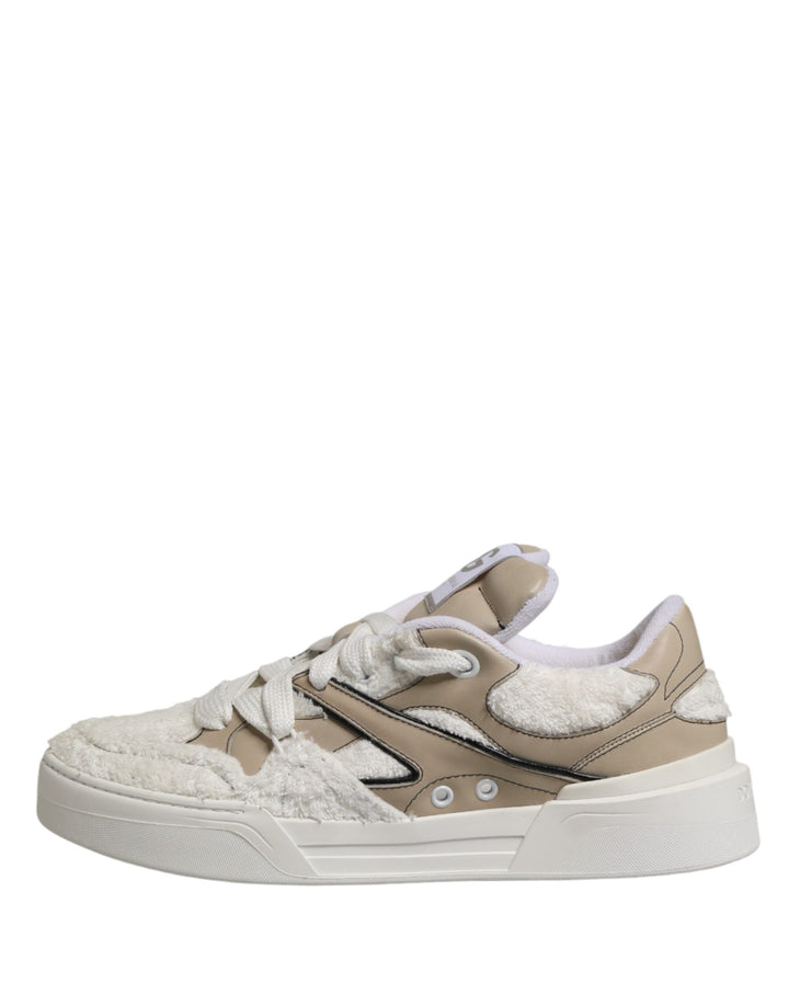 Dolce &amp; Gabbana White Beige Faux Shearling Low Top Sneakers Shoes