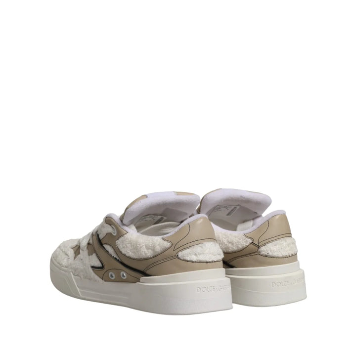 Dolce &amp; Gabbana White Beige Faux Shearling Low Top Sneakers Shoes