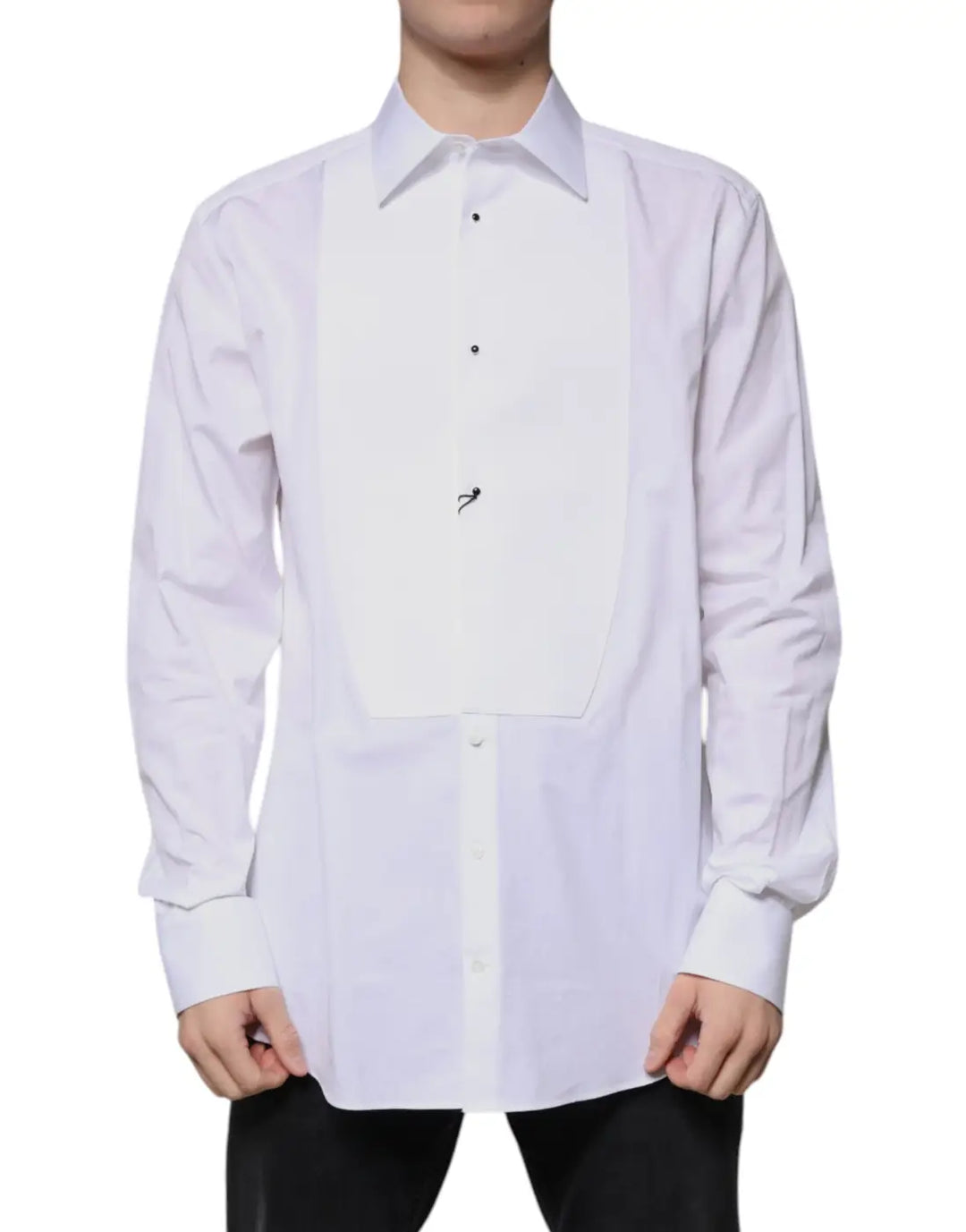 Dolce &amp; Gabbana White Bib Cotton Poplin GOLD Formal Shirt