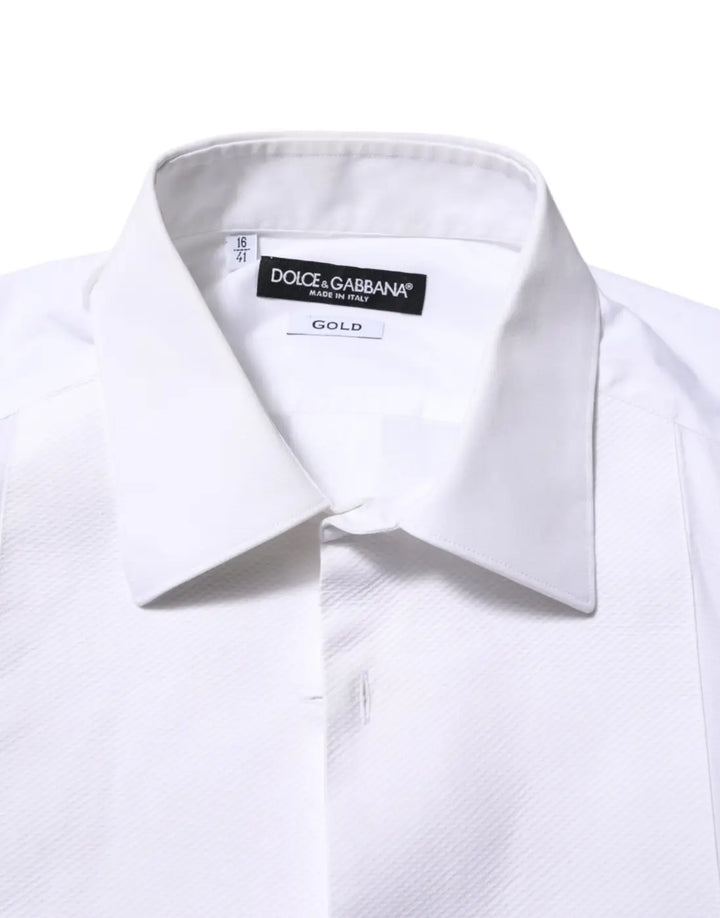 Dolce &amp; Gabbana White Bib Cotton Popline GOLD Men Formal Shirt