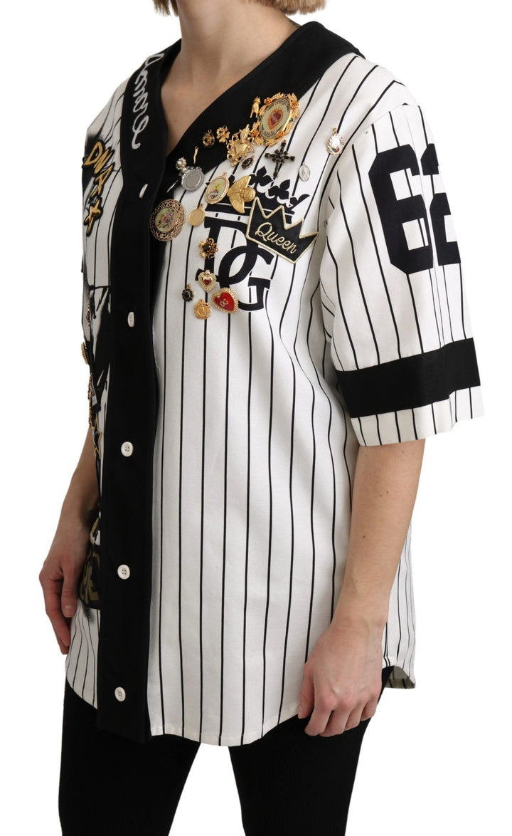 Dolce &amp; Gabbana Blouses - White and black Blouse Cotton Crystal Charms Amore Shirt