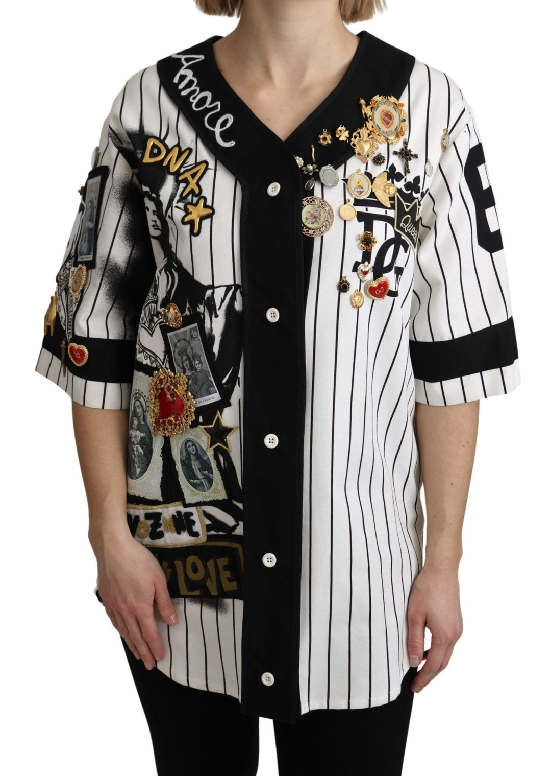 Dolce &amp; Gabbana Blouses - White and black Blouse Cotton Crystal Charms Amore Shirt