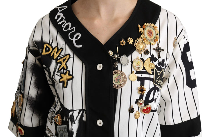 Dolce &amp; Gabbana Blouses - White and black Blouse Cotton Crystal Charms Amore Shirt