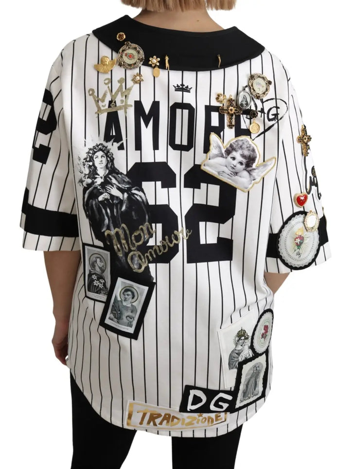 Dolce &amp; Gabbana White and black Blouse Cotton Crystal Charms Amore Shirt
