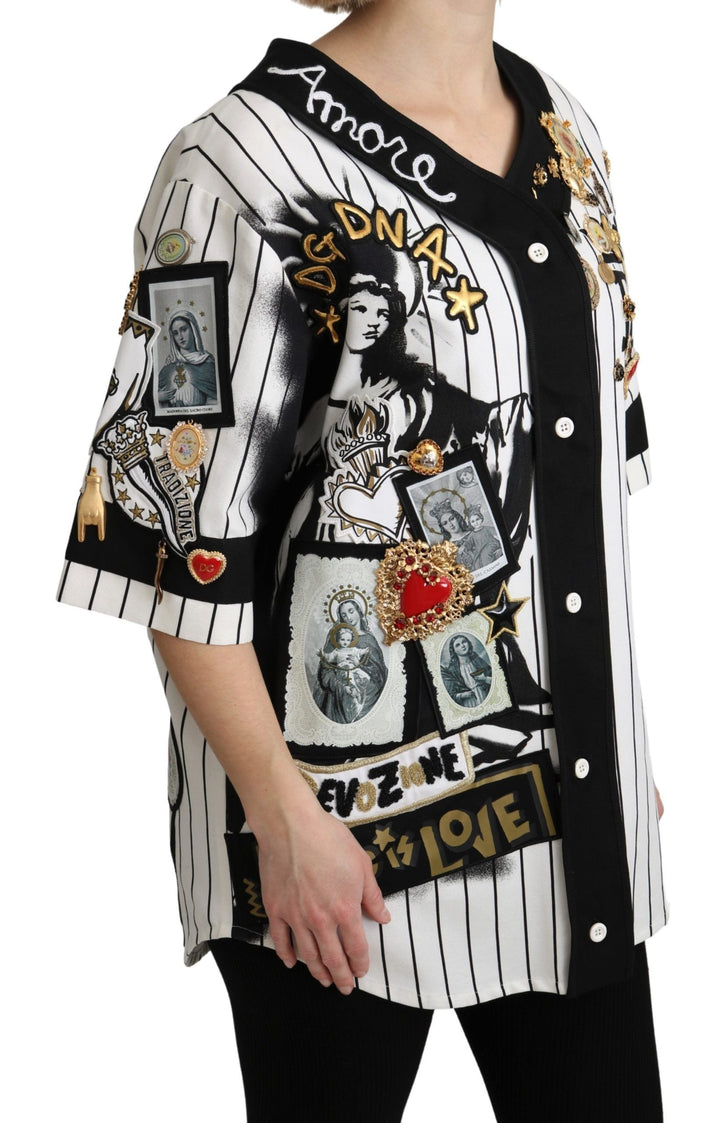 Dolce &amp; Gabbana Blouses - White and black Blouse Cotton Crystal Charms Amore Shirt