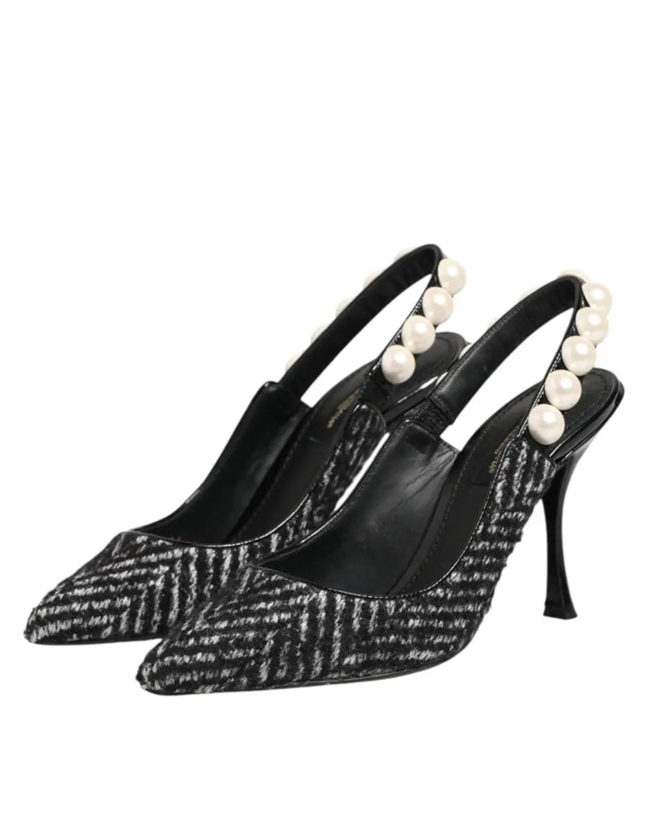 Dolce &amp; Gabbana White Black Chevron Faux Pearl Slingbacks Shoes