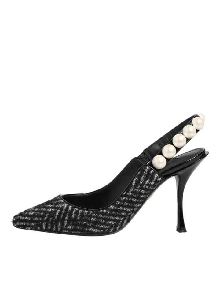 Dolce &amp; Gabbana White Black Chevron Faux Pearl Slingbacks Shoes