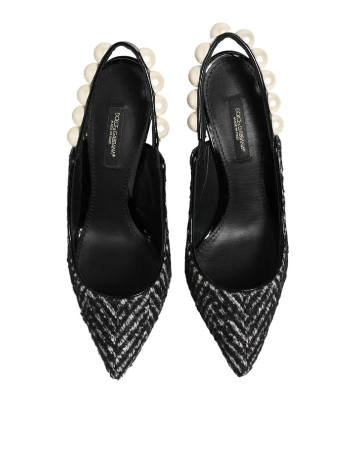Dolce &amp; Gabbana White Black Chevron Faux Pearl Slingbacks Shoes