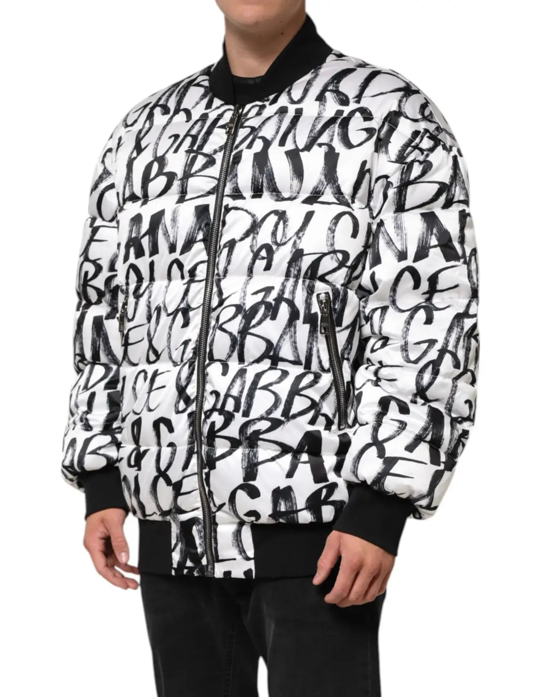 Dolce &amp; Gabbana White Black Graffiti Logo Puffer Bomber Jacket