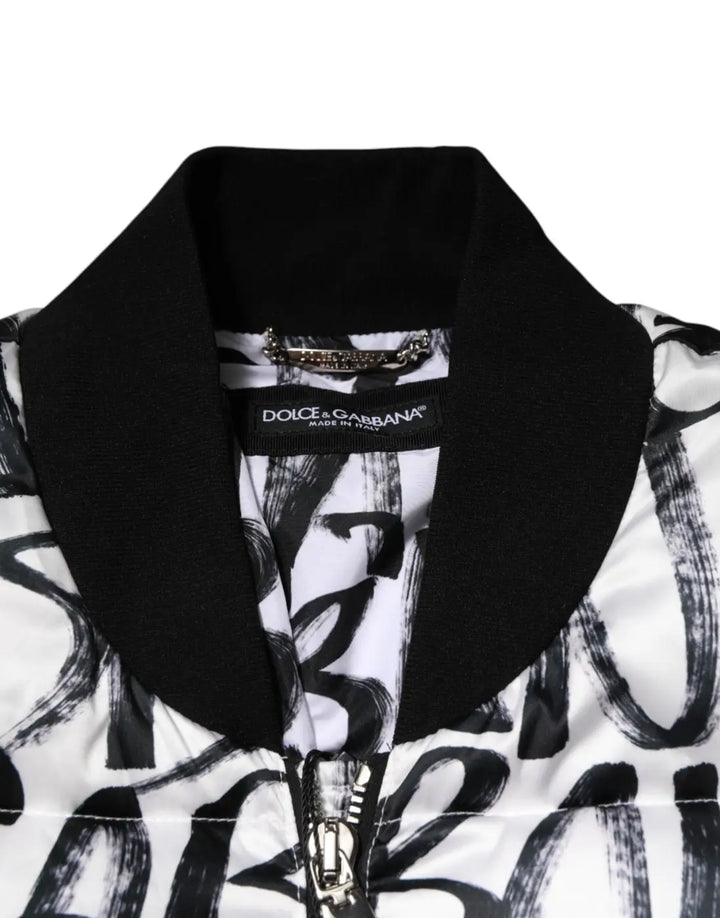 Dolce &amp; Gabbana White Black Graffiti Logo Puffer Bomber Jacket