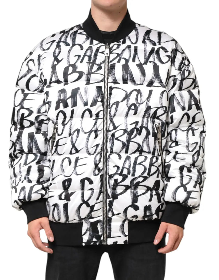 Dolce &amp; Gabbana White Black Graffiti Logo Puffer Bomber Jacket