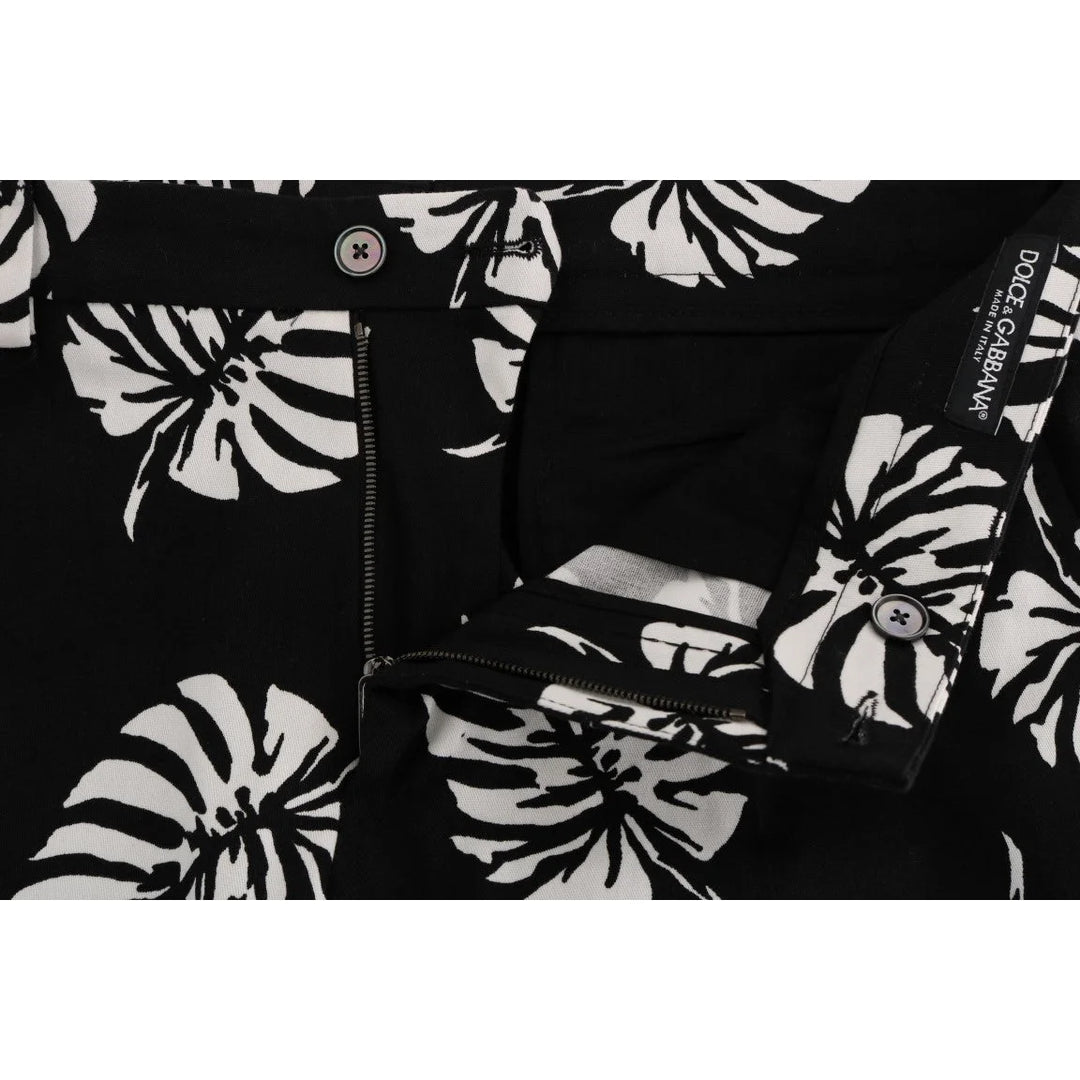 Dolce & Gabbana White Black Leaf Cotton Stretch Slim Pants