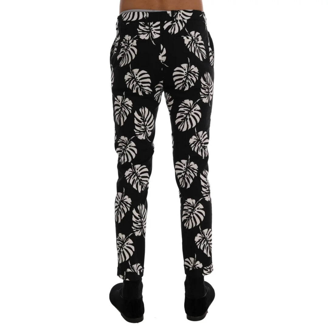 Dolce & Gabbana White Black Leaf Cotton Stretch Slim Pants