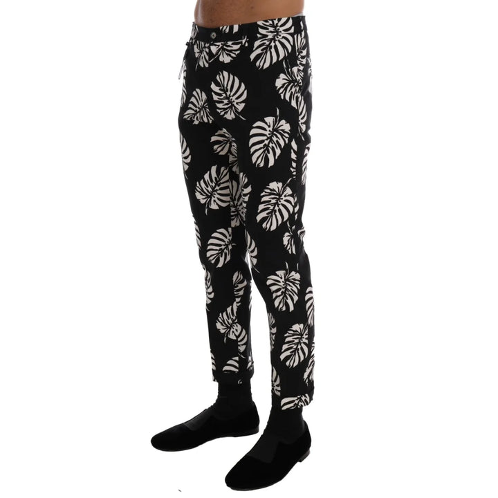 Dolce & Gabbana White Black Leaf Cotton Stretch Slim Pants