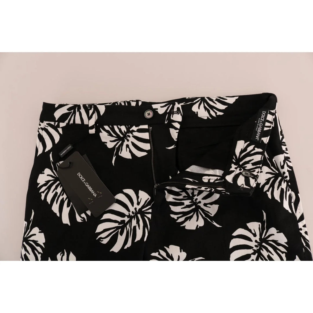 Dolce & Gabbana White Black Leaf Cotton Stretch Slim Pants