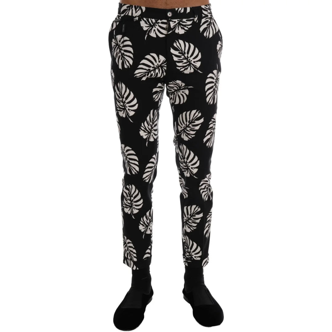Dolce & Gabbana White Black Leaf Cotton Stretch Slim Pants