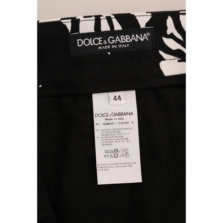 Dolce & Gabbana White Black Leaf Cotton Stretch Slim Pants