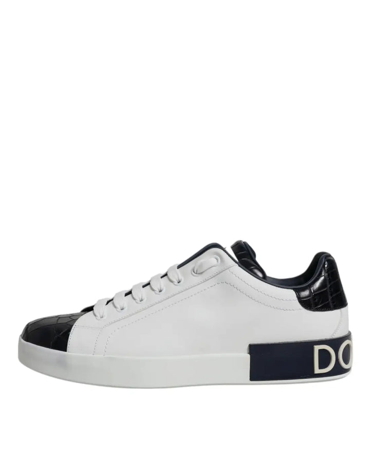 Dolce &amp; Gabbana White Black Leather Portofino Sneakers Shoes