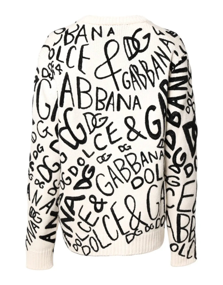 Dolce &amp; Gabbana White Black Logo Print Women Pullover Sweater