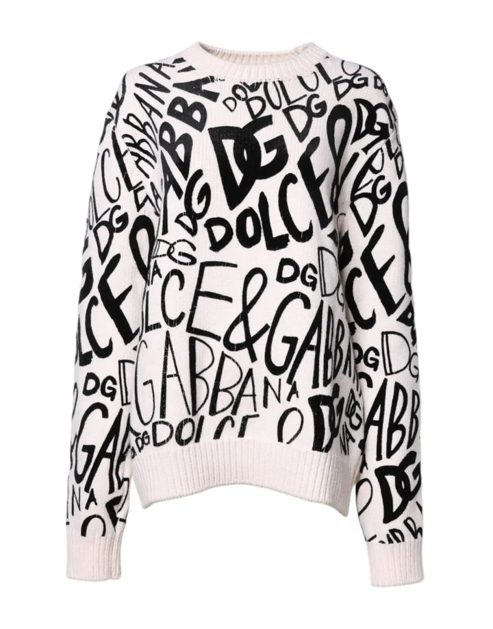 Dolce &amp; Gabbana White Black Logo Print Women Pullover Sweater