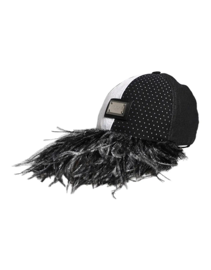 Dolce &amp; Gabbana White Black Polka Dot Feathers Baseball Cap