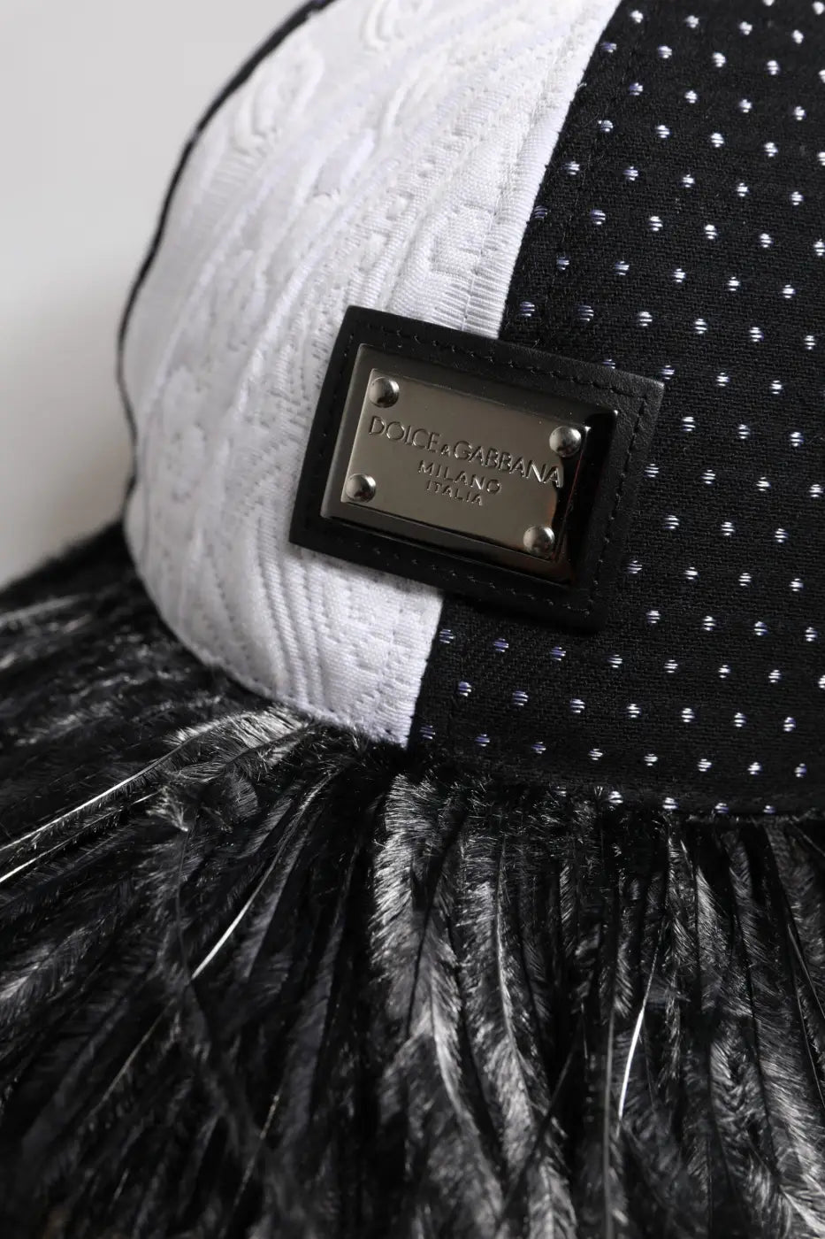Dolce &amp; Gabbana White Black Polka Dot Feathers Baseball Cap