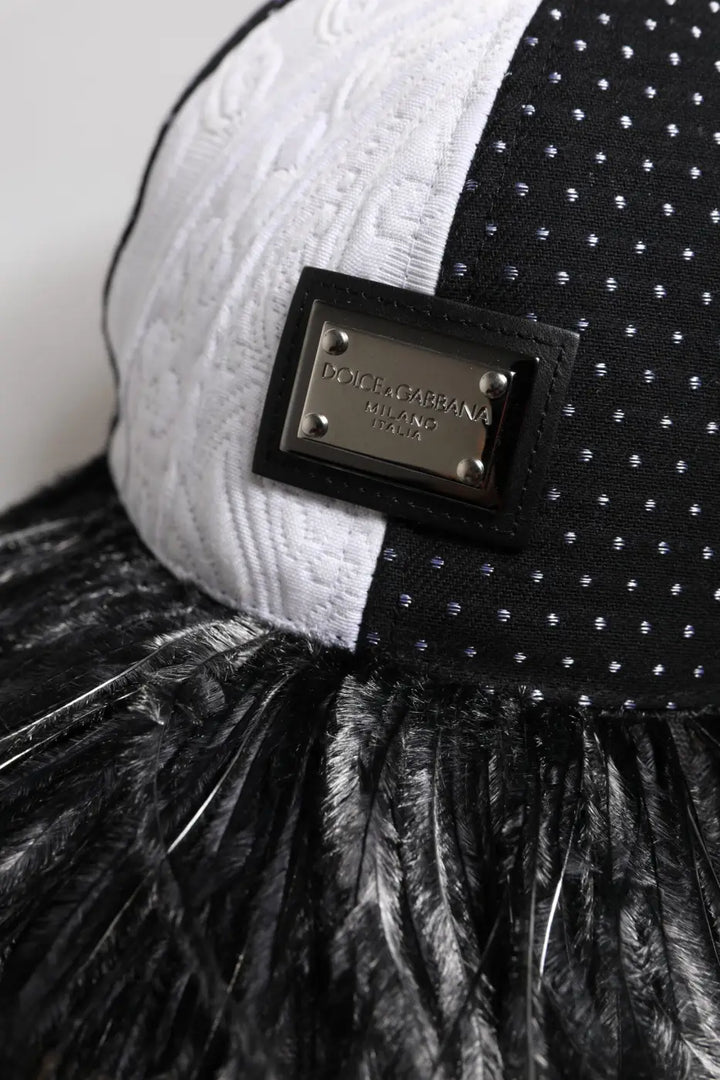 Dolce &amp; Gabbana White Black Polka Dot Feathers Baseball Cap