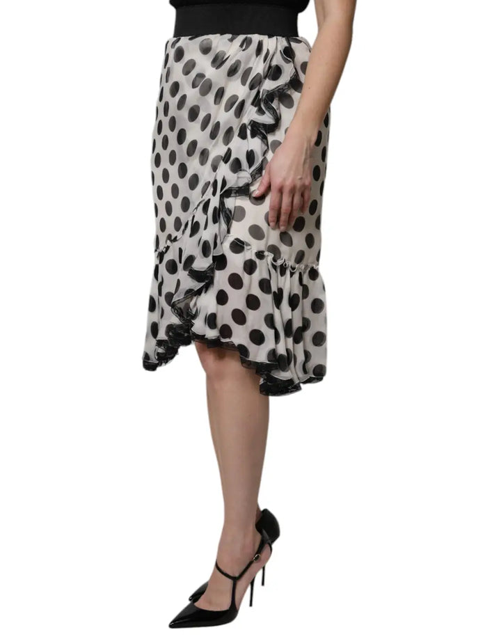 Dolce &amp; Gabbana White Black Polka Dots Knee Length Skirt