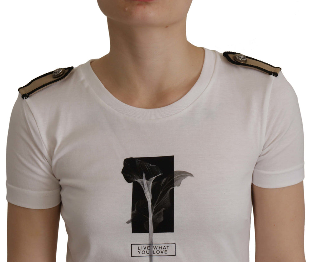 Dolce & Gabbana - White Black Roses Crewneck Cotton T-shirt
