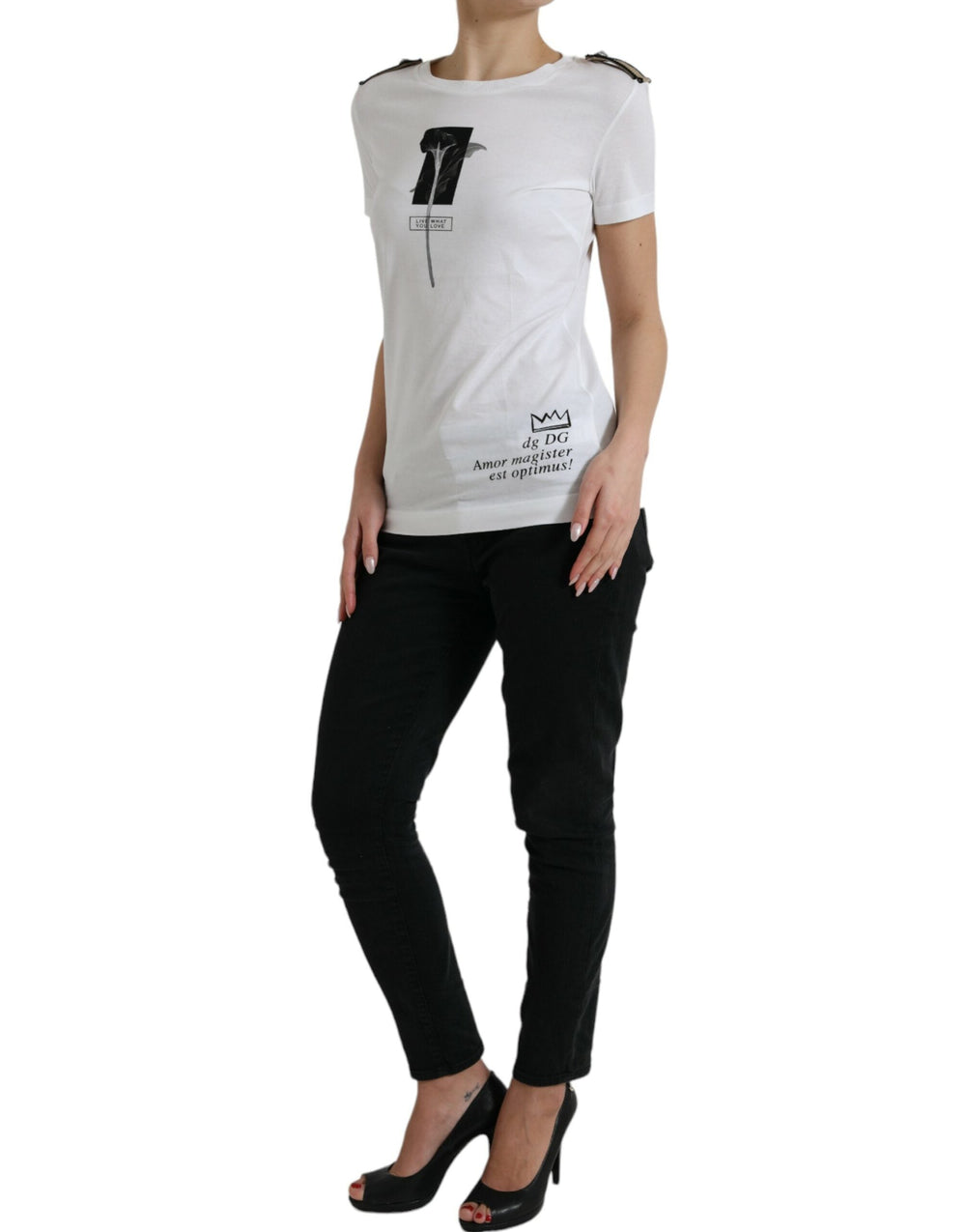 Dolce & Gabbana - White Black Roses Crewneck Cotton T-shirt