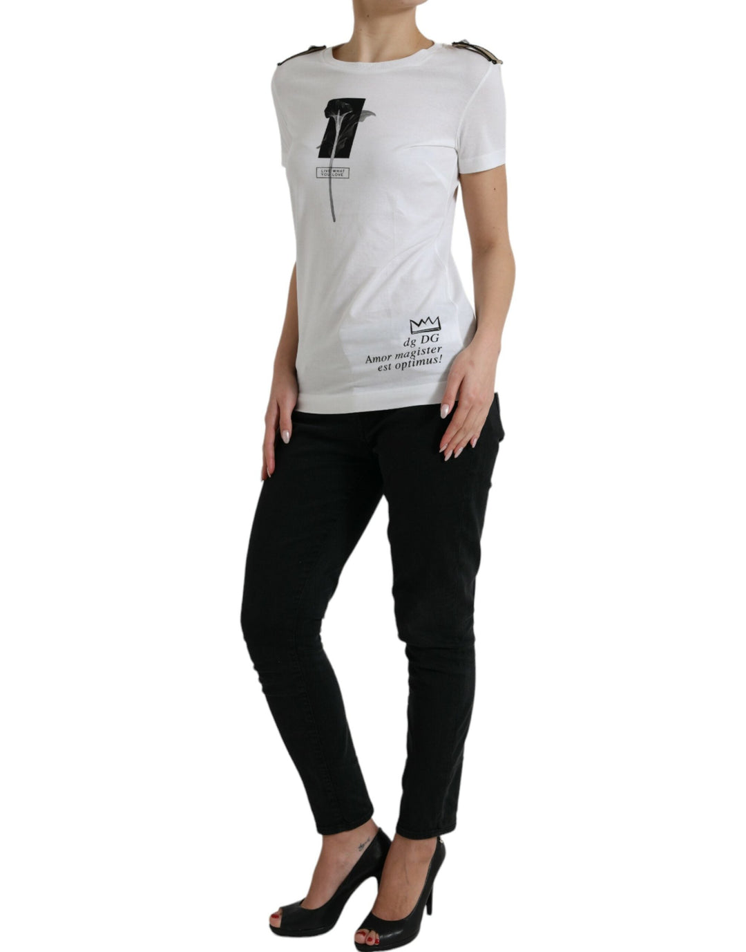 Dolce &amp; Gabbana - White Black Roses Crewneck Cotton T-shirt
