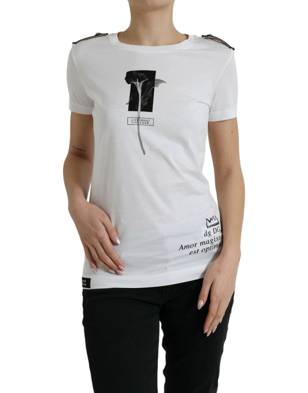 Dolce &amp; Gabbana - White Black Roses Crewneck Cotton T-shirt