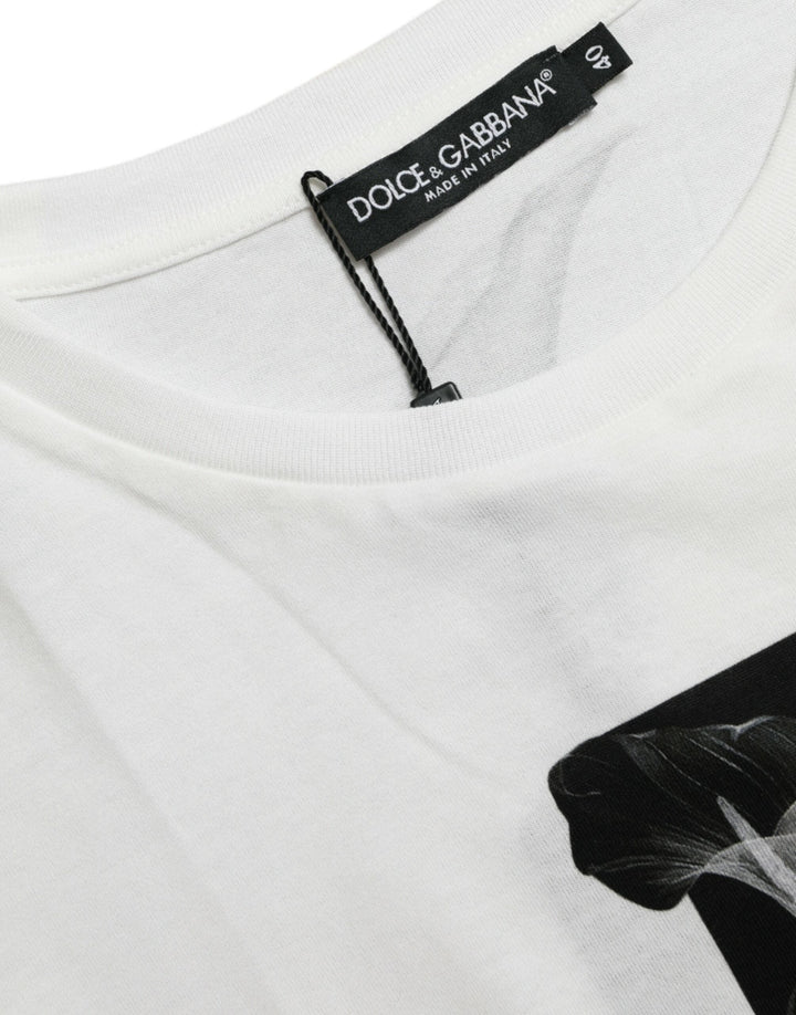 Dolce &amp; Gabbana - White Black Roses Crewneck Cotton T-shirt