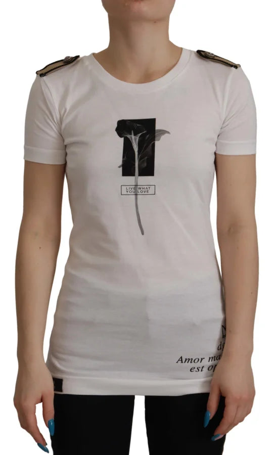 Dolce & Gabbana White Black Roses Crewneck Cotton T-shirt
