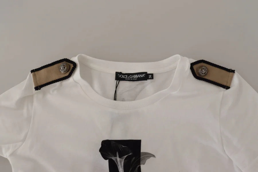 Dolce &amp; Gabbana White Black Roses Crewneck Cotton T-shirt