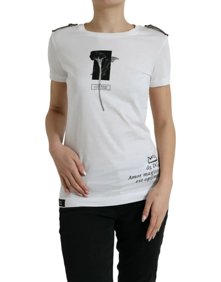 Dolce &amp; Gabbana White Black Roses Crewneck Cotton T-shirt