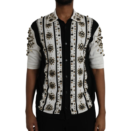 Dolce and Gabbana White Black Silk Studded Embellished Shirt &