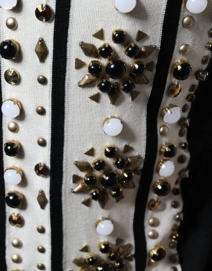 Dolce &amp; Gabbana White Black Silk Studded Stone Crystal Shirt