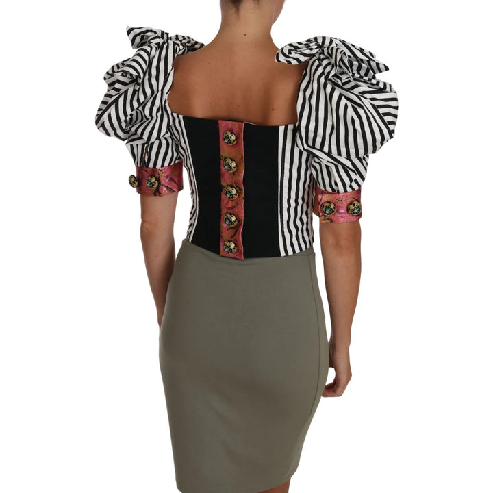 Dolce & Gabbana White Black Striped Cropped Top Puff Sleeve Shirts