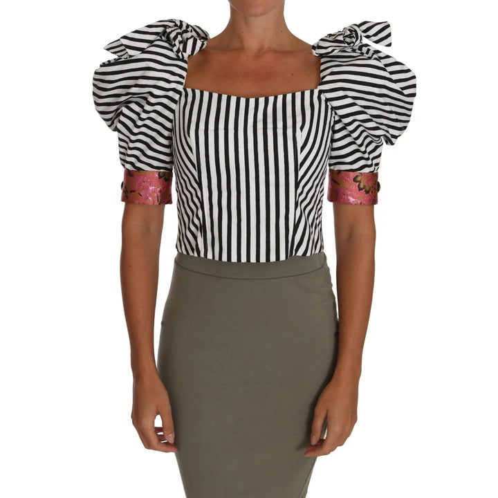 Dolce & Gabbana White Black Striped Cropped Top Puff Sleeve Shirts