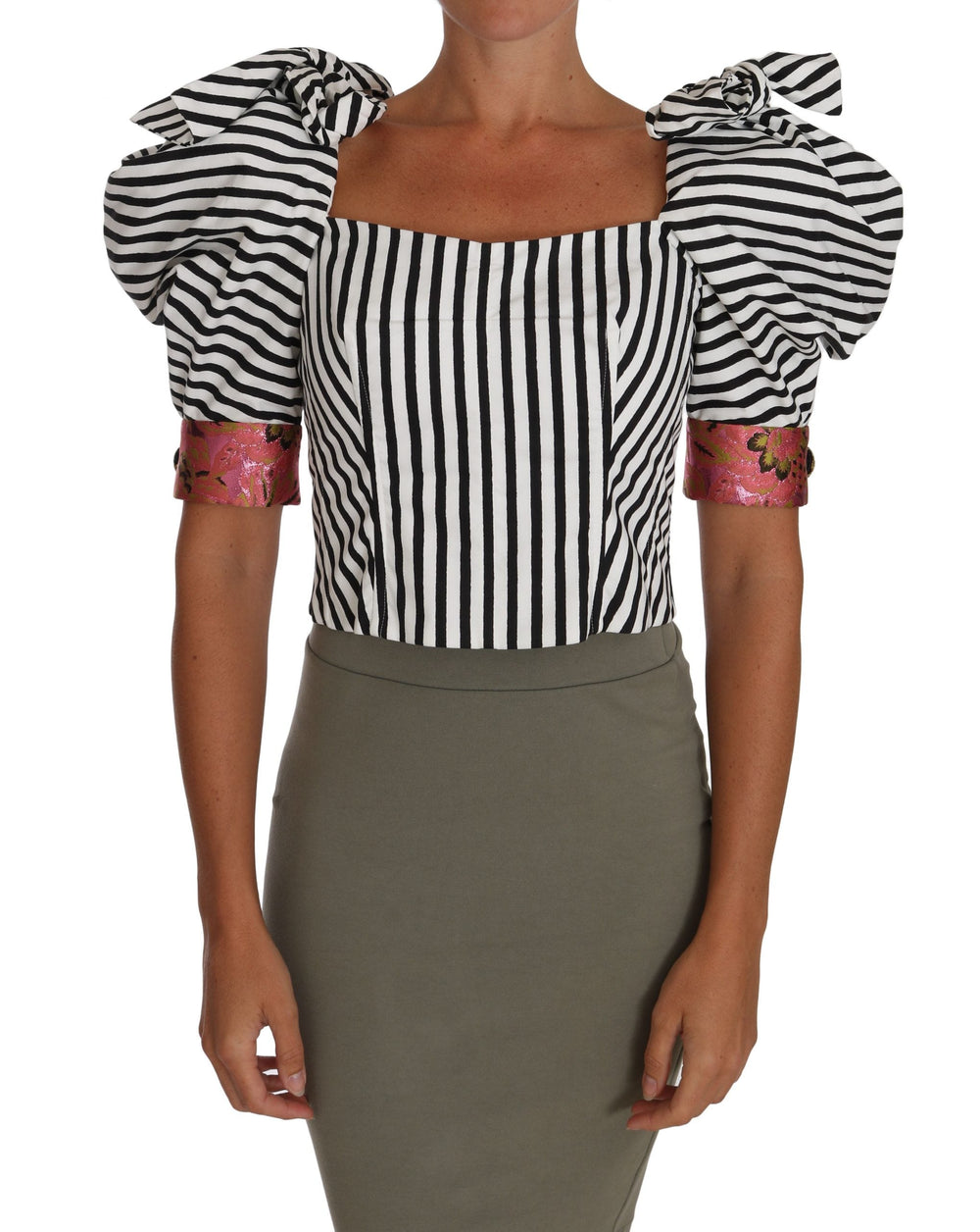 Dolce & Gabbana Blouses - White Black Striped Cropped Top Puff Sleeve Shirts