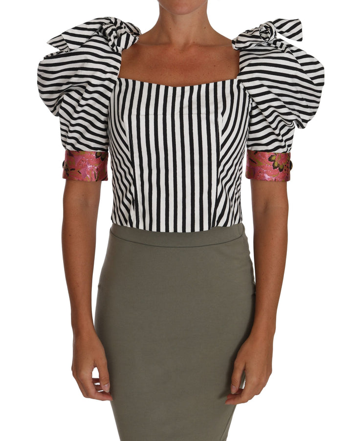 Dolce &amp; Gabbana Blouses - White Black Striped Cropped Top Puff Sleeve Shirts
