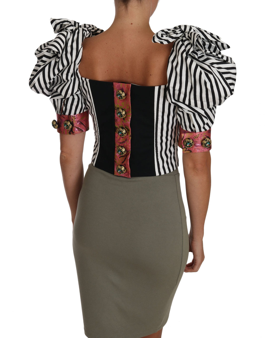 Dolce &amp; Gabbana Blouses - White Black Striped Cropped Top Puff Sleeve Shirts