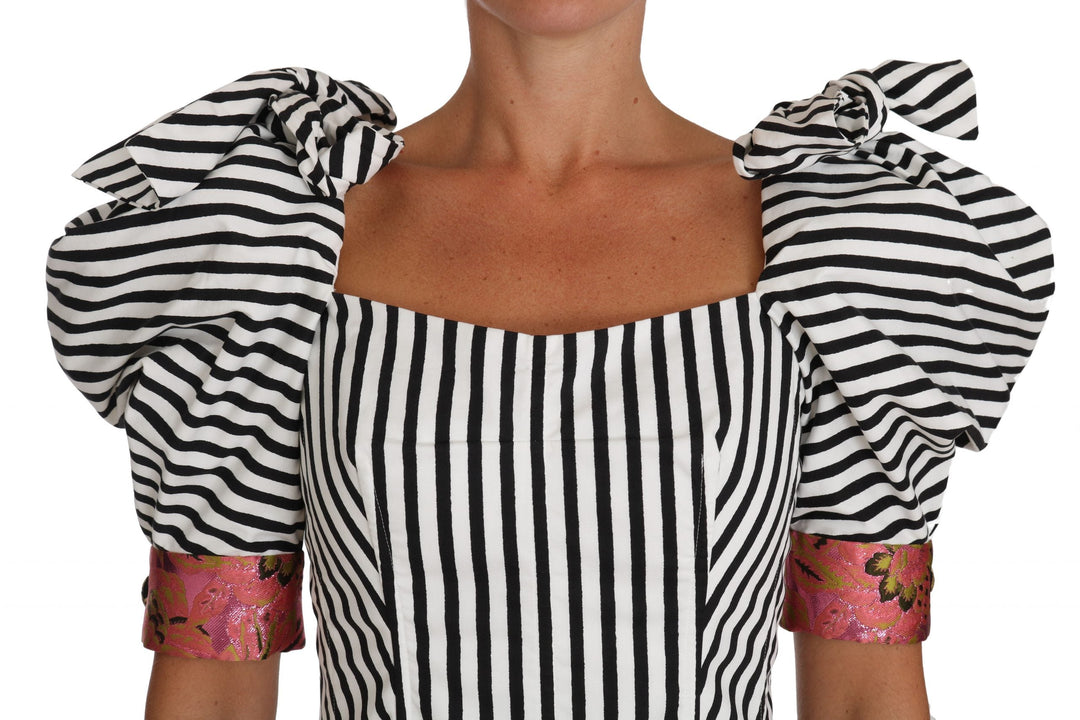 Dolce &amp; Gabbana Blouses - White Black Striped Cropped Top Puff Sleeve Shirts