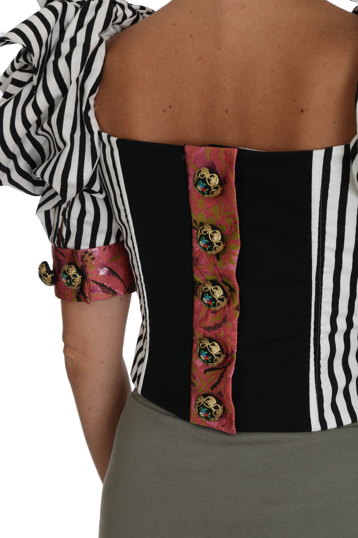 Dolce &amp; Gabbana Blouses - White Black Striped Cropped Top Puff Sleeve Shirts