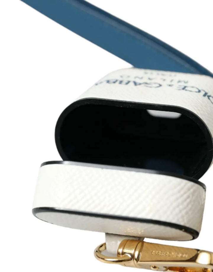 Dolce &amp; Gabbana White Blue Calf Leather Logo Print Strap Airpods Case